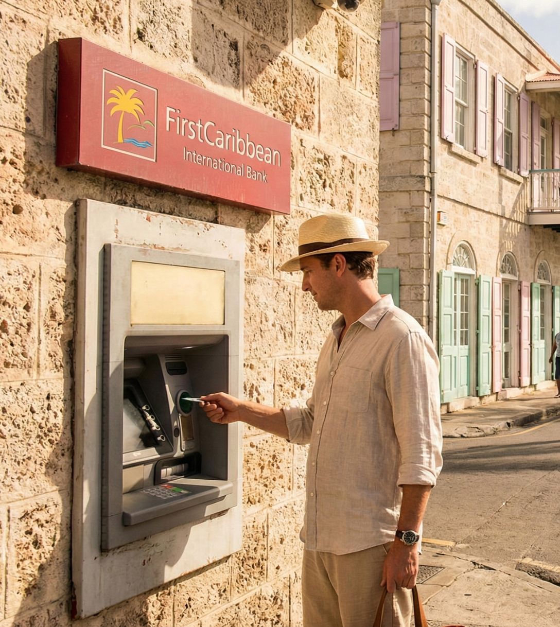 Pinnen bij een geldautomaat in Barbados