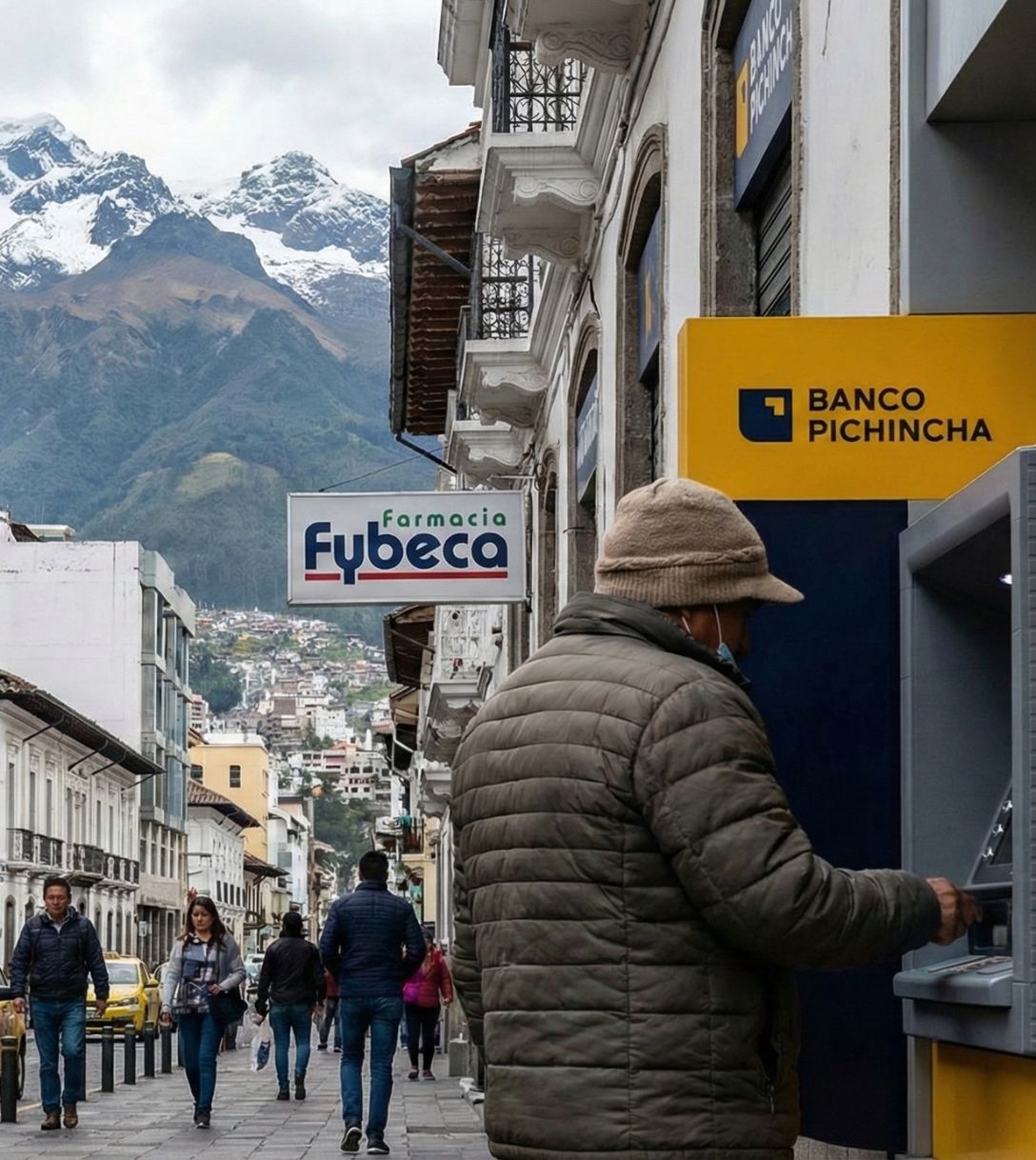 Persoon pint bij een geldautomaat in Ecuador