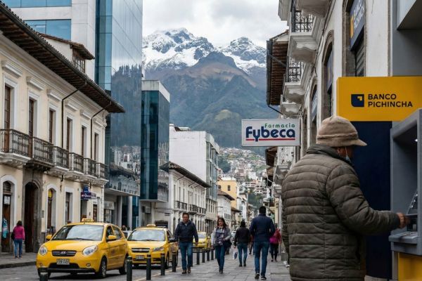 Persoon pint bij een geldautomaat in Ecuador