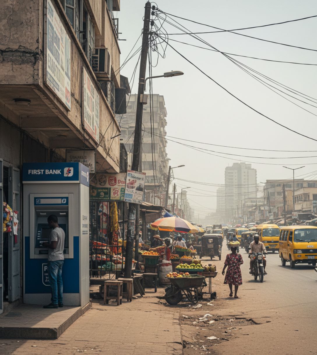 Persoon pint bij een geldautomaat in Nigeria