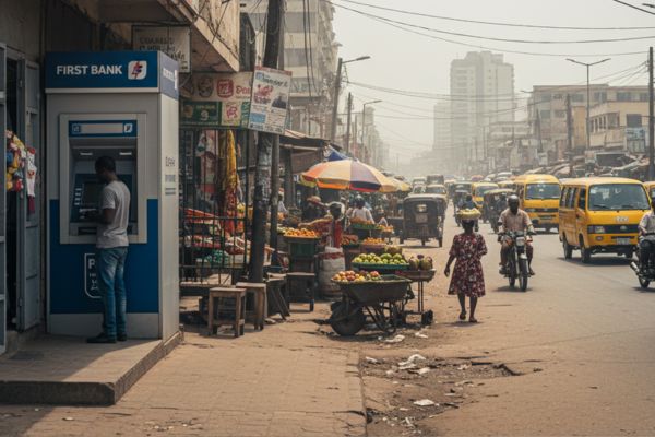 Persoon pint bij een geldautomaat in Nigeria