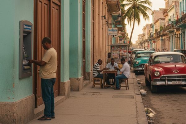 Straatbeeld in Cuba met pinautomaat