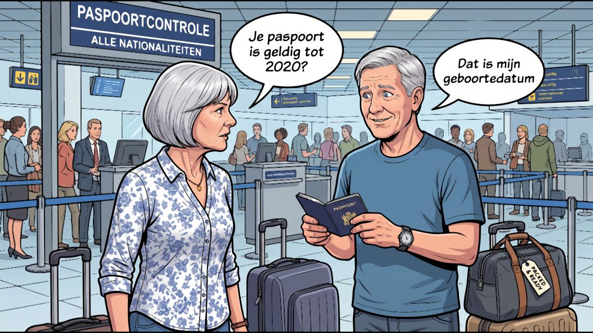 Jan en Gerda bij de paspoortcontrole: Gerda leest dat het paspoort geldig was tot 2020, Jan denkt dat het zijn geboortedatum is.