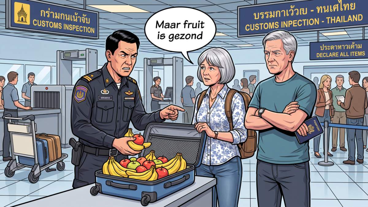Jan en Gerda bij de douane in Thailand: hun koffer ligt open en zit vol bananen en appels, terwijl Gerda zegt dat fruit toch gezond is.