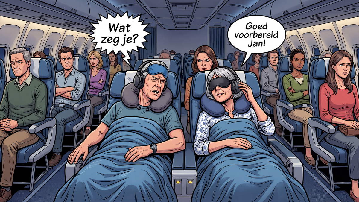 Jan en Gerda slapen in het vliegtuig met nekkussen en slaapmasker. Jan heeft een koptelefoon op en roept veel te hard.